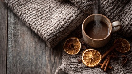 Top view of cozy flat lay with folded knitted blanket, hot drink, dried orange slices and spices on rustic wooden background.