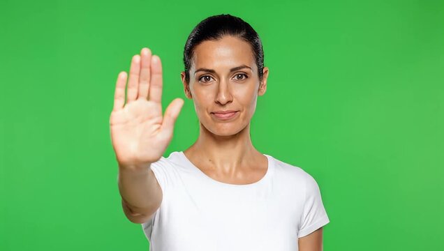 Woman Gesturing Stop Against Green Screen.