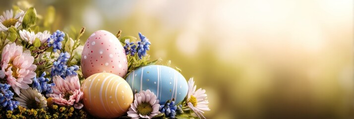 A vibrant arrangement of decorative Easter eggs surrounded by colorful flowers, symbolizing spring and celebration.
