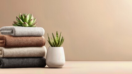 Stack of folded towels with green plant in ceramic pot, minimalist spa interior concept.