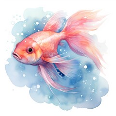 A pink and orange watercolor fish swims against a dreamy blue background with soft bubbles