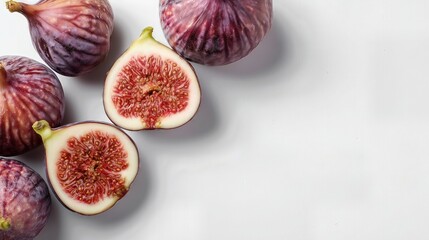 Fresh ripe figs with halved fruit showing seeds, isolated on white background with soft natural tones.