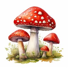 A watercolor illustration of various red mushrooms with white spots on white background