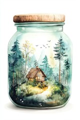 Illustration of a small house in a glass jar with a magic forest inside.