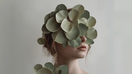 Surreal portrait of woman with face covered by green leaves, minimalist artistic concept.
