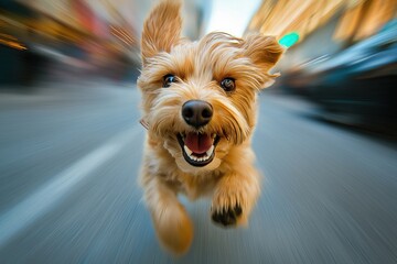 Cute happy dog playing and running towards the camera with motion effect