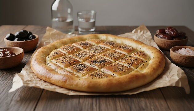Turkish Ramadan flatbread with dates and olives on a wooden table