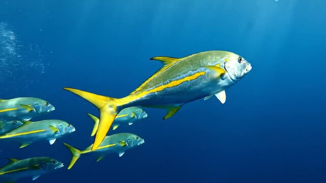 Underwater school of Yellowstripe Trevally fish swimming in deep blue ocean waters scenery