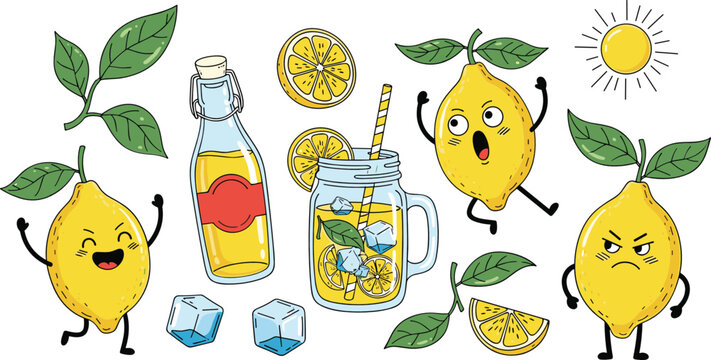 Cute lemon character and lemonade vector set with bottle jar ice cubes and citrus illustration