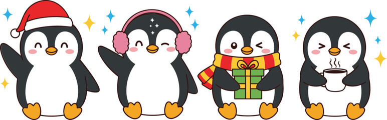 Cute winter penguin cartoon vector set with Christmas hat earmuffs gift box and hot drink illustration © Sumon Creative