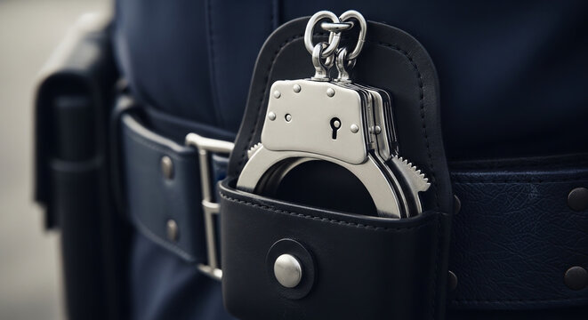 closeup of metal handcuffs attached to belt law enforcement security concept for police and security companies  