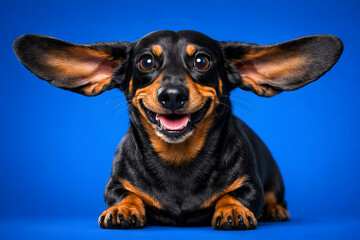 Smiling Dachshund with Oversized Ears and Happy Expression on Blue Background