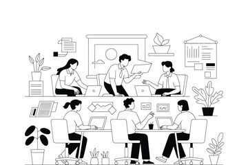 Office workers collaborating in a modern workspace with laptops and plants