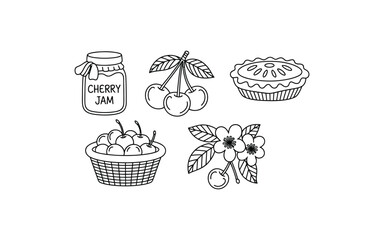 Cherry icon set including cherries, jam, and pie illustrations