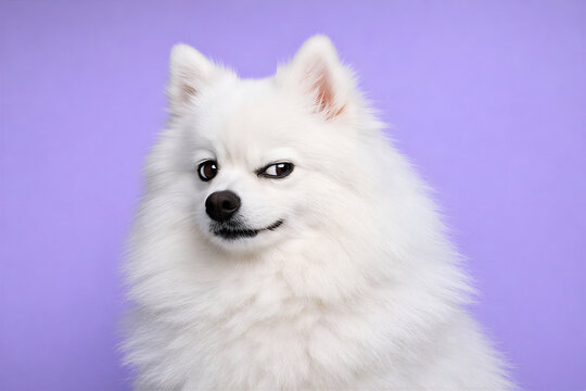Fluffy White Spitz Dog Giving Side Eye with Sassy Expression on Purple Background