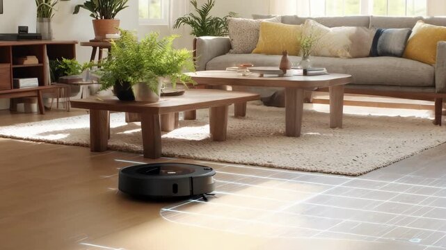 Medium shot showing a robotic vacuum smoothly traversing a living room floor adapting to furniture layout for thorough cleaning.