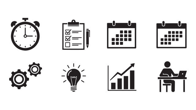 Project planning and scheduling icon set with calendars, timelines, task lists and resource allocation symbols for productivity optimization and financial forecasting