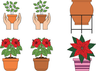 Potted flower and plant care collection vector set with watering pot and blooming houseplants illustration © Sumon Creative