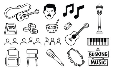 Music icon set for busking and street performance illustration