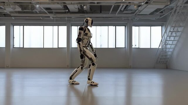 Humanoid robot performing fluid dance movements in a studio showcasing advanced articulation and humanlike grace in autonomous choreography.