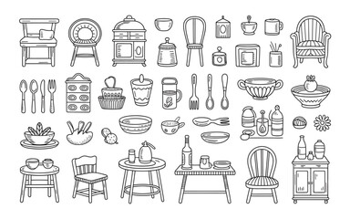 Kitchen furniture and utensils vector illustration set for cooking and dining