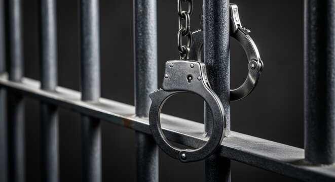 closeup of handcuffs hanging on prison bars focus on confinement and justice concept for correctional and law enforcement companies  