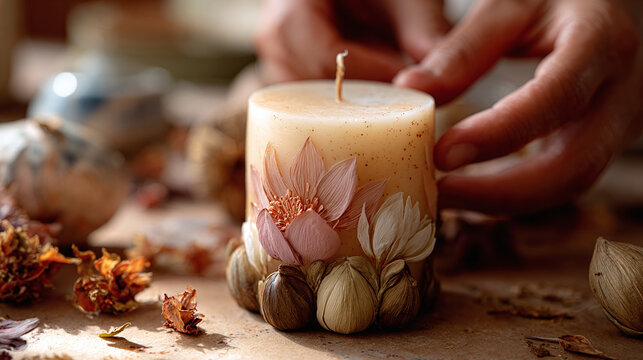 A candle with floral decorations. Two hands are arranging the candle