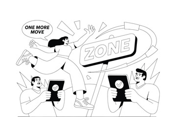 Tablet illustration of people in a vibrant zone with motivational signs