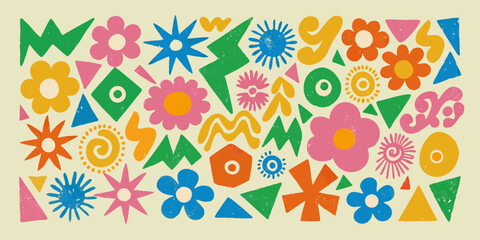 Colorful abstract floral and geometric shapes arranged in a whimsical patterned design © Sunil123