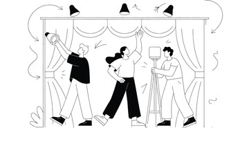 Film crew setting up lights on a movie set illustration