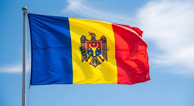 The flag of moldova waving in the wind against a blue sky with clouds