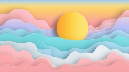 Pastel Sky and Sea Layers with a Soft Yellow Sun in a Paper Cut Style Horizontal Composition with Gradient Background and Delicate Shadows