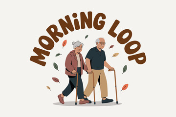 Elderly couple walking together with canes in morning loop illustration