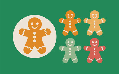 Gingerbread men icons in different colors on a green background