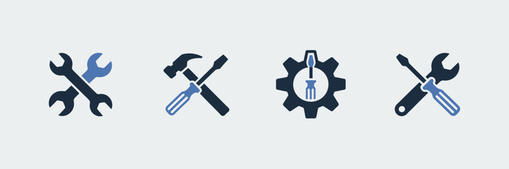 Set of tools and gear icons representing technical maintenance and engineering Vector, illustration