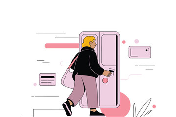 A person uses a credit card at an ATM machine for a financial transaction.