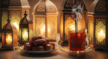 Fototapeta premium Warm tea and dates with a warm and comfortable Ramadan decorative atmosphere.