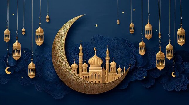 Ramadan Kareem Islamic Mosque Crescent Moon Lanterns Celebration.
