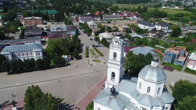 Drone pulling back from Tarusa bell tower