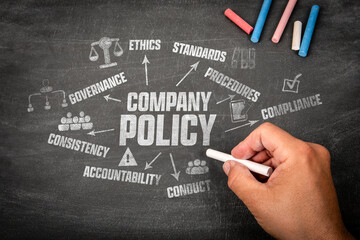 Company Policy. Illustration with icons, arrows and keywords on a black chalkboard