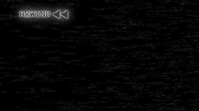 Vintage VHS rewind screen, bold rewind arrows and glitch distortion. 4K alpha channel transparent background, seamless loop animation.