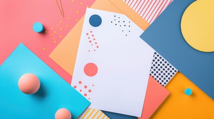 Obraz premium Colorful geometric shapes & blank paper.