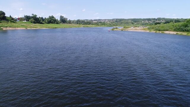 Drone flying forward above Tarusa river