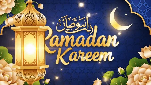Ramadan Kareem Golden Lantern and Crescent Moon with Floral Decorations.