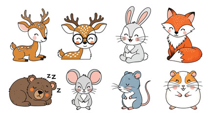 Obraz premium Adorable collection of cartoon forest animals, including deer, rabbit, fox, bear, mouse, and guinea pig.