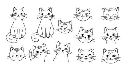 Adorable Hand-Drawn Cat Illustrations - A Collection of Playful Feline Characters and Expressive Faces.