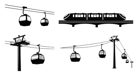 Set of cable cars and monorail train silhouettes. © Widia
