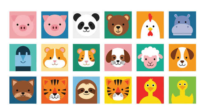 Collection of various animal faces in square frames, showcasing a diverse range of cute and friendly creatures.