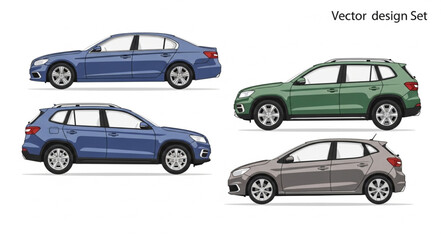 Fototapeta premium Set of four modern car vector illustrations in different colors.