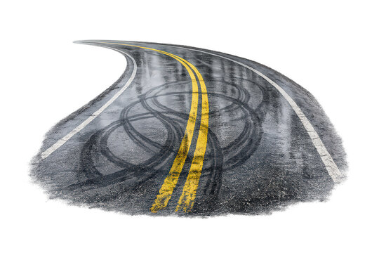 Winding asphalt road with tire skid marks, yellow double lines, and white solid line, transparent background